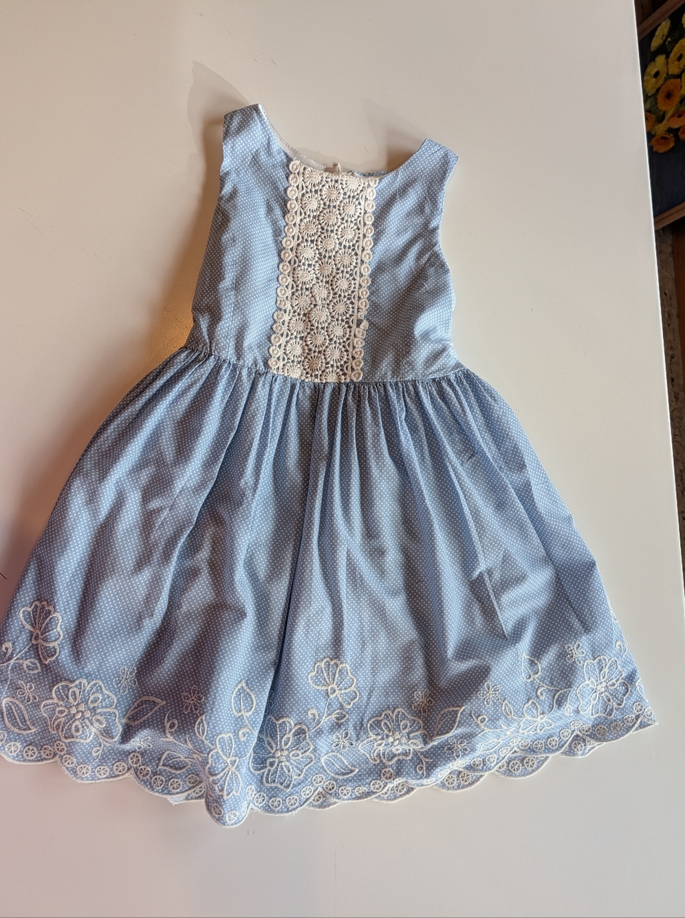 Shrinking Violet Light Blue Embroidered Polka Dot Lace %100 Cotton Sundress 6X